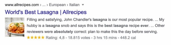 an example of a rich result showing a recipe for lasagna