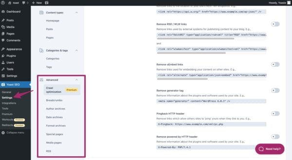 Screenshot of the Advanced menu item in the Yoast SEO settings.