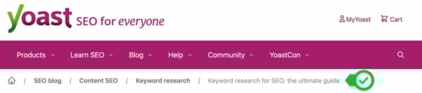 breadcrumb path on yoast.com, with proper sections for tags and content