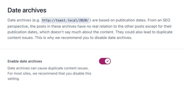 Screenshot of the Enable date archives toggle in the Yoast SEO settings.