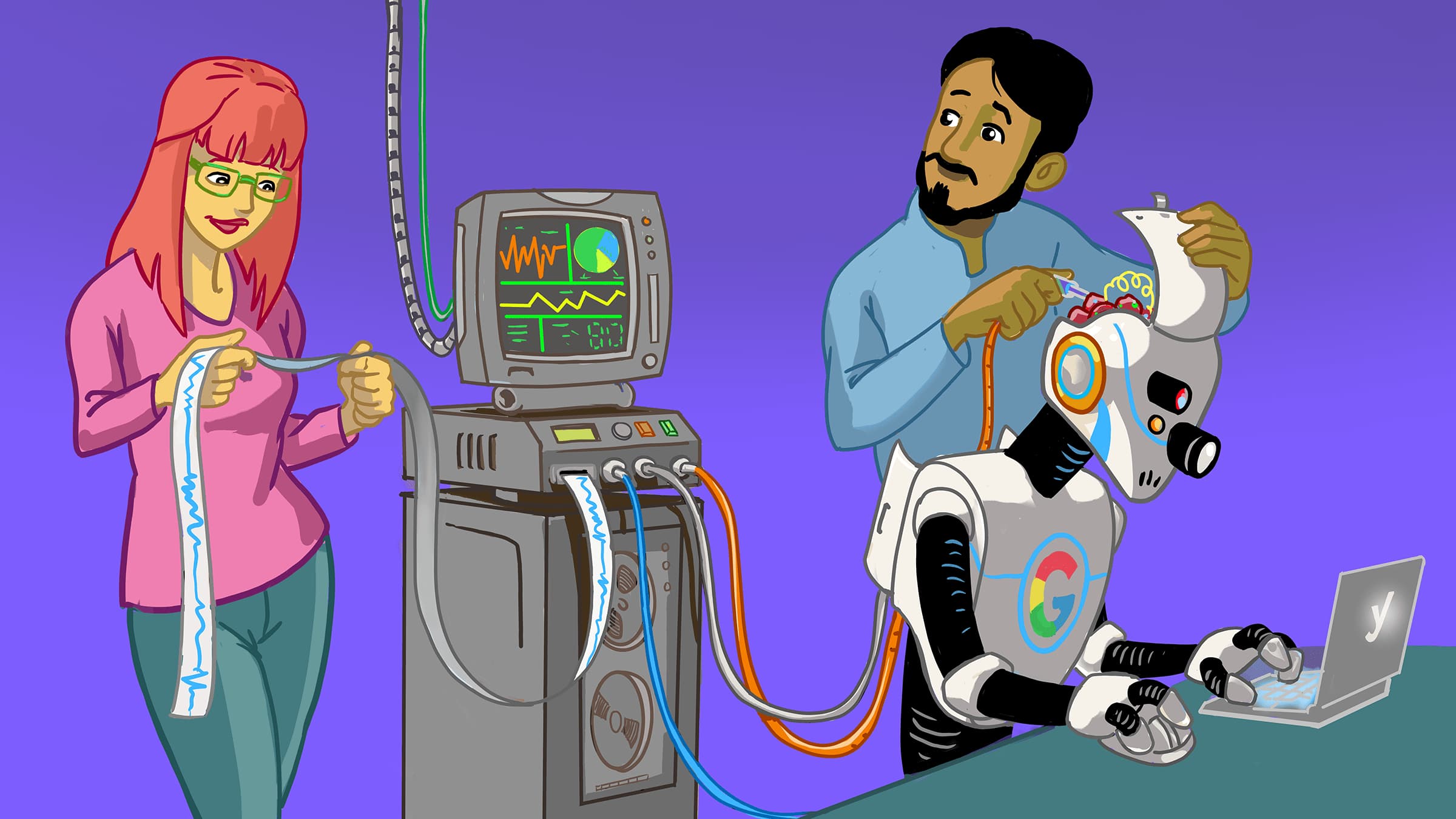 an illustration showing a google robot being examined by two data experts 