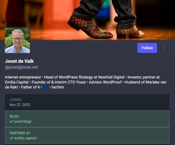 Screenshot of Joost de Valk's Mastodon profile with verified links.