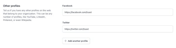 Screenshot of the "Other profiles" section in the Site representation settings in Yoast SEO.