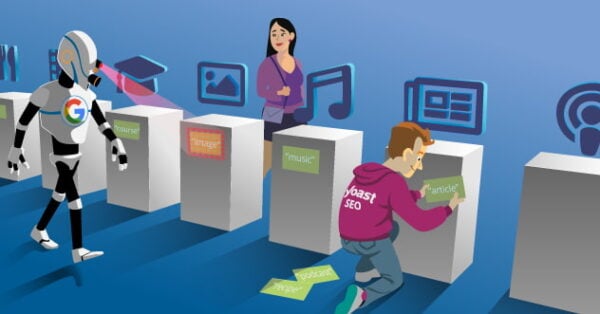 Illustration of google bot scanning structured data that a man is adding to his online information