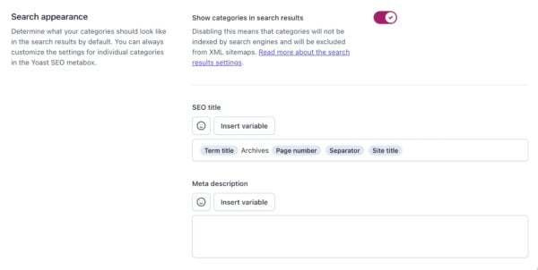 Screenshot of the "Search appearance" section of the Categories settings in Yoast SEO.