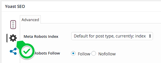Gear icon below the traffic light icon holds the second tab with all the settings for this post/page.