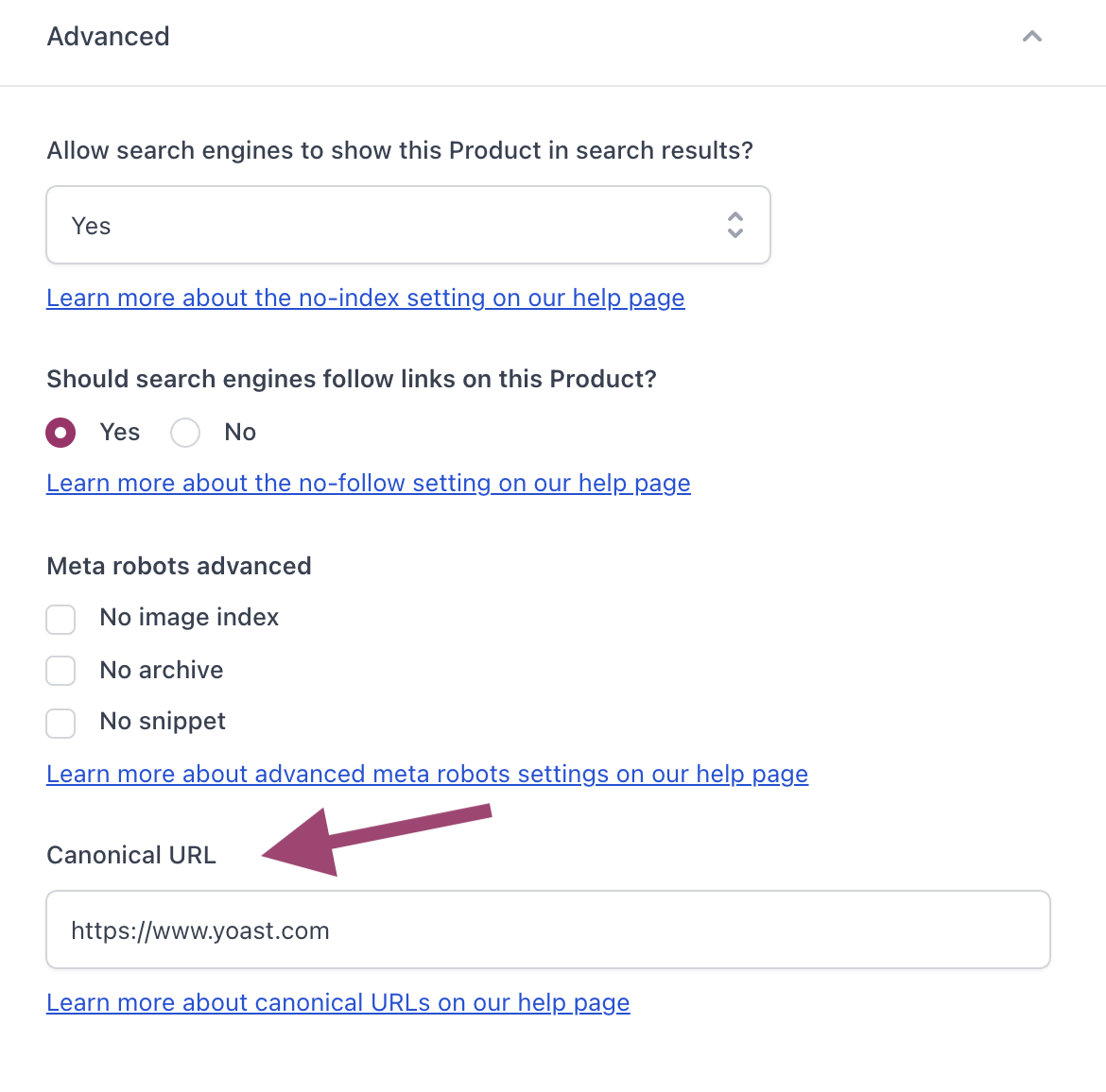 A screenshot of the Advanced settings in the Yoast SEO for Shopify sidebar with an arrow pointing to the Canonical URL settings