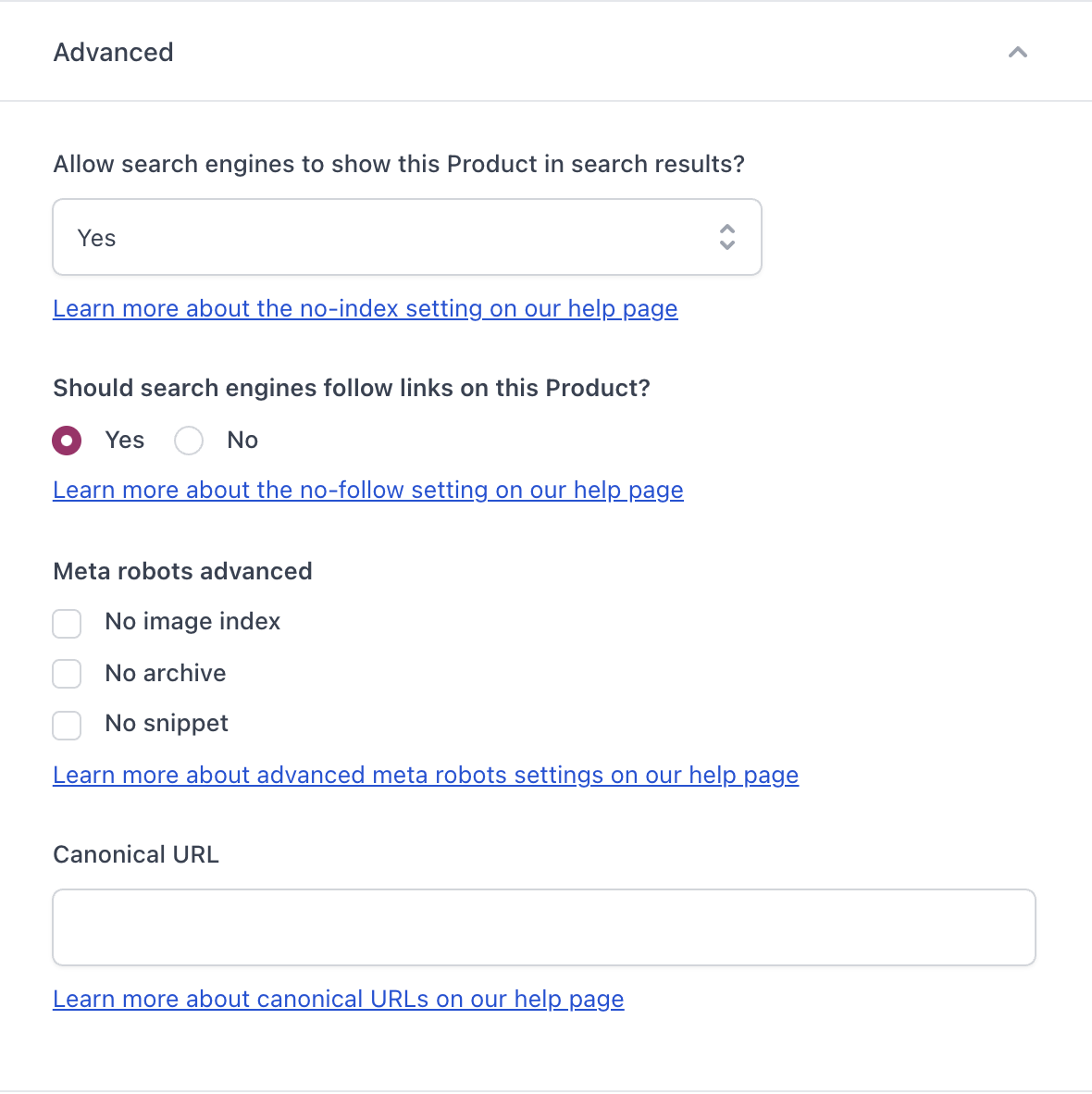 A screenshot of the Advanced settings in the Yoast SEO for Shopify sidebar