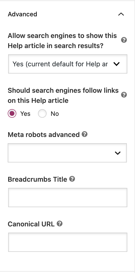 A screenshot of the Advanced settings in the Yoast SEO sidebar