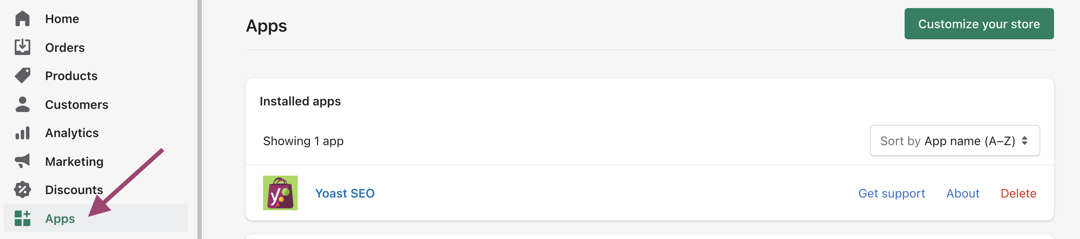 A screenshot of the Shopify admin menu with an arrow pointing to the Apps menu item