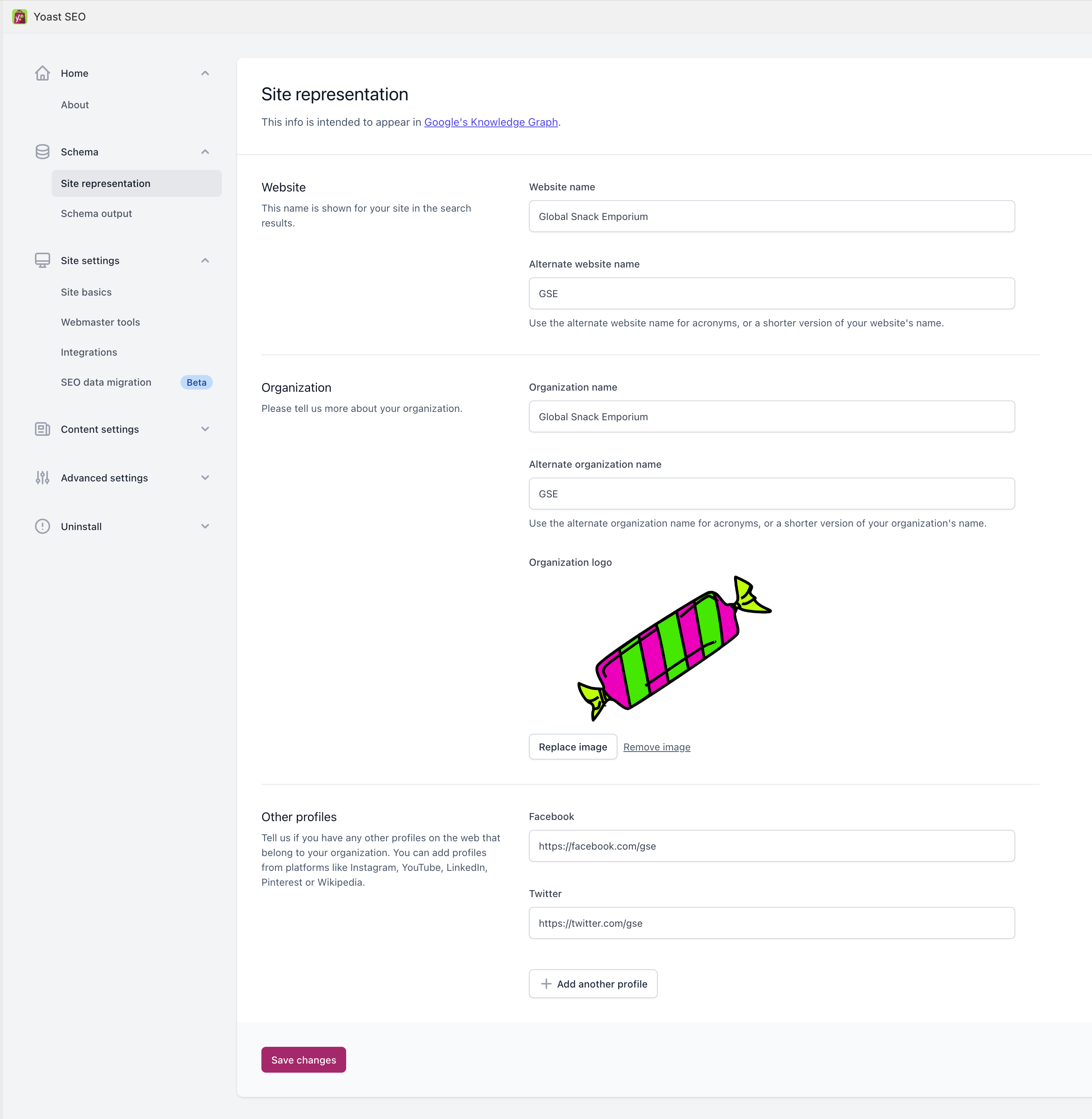 the site representation screen in Yoast SEO for Shopify