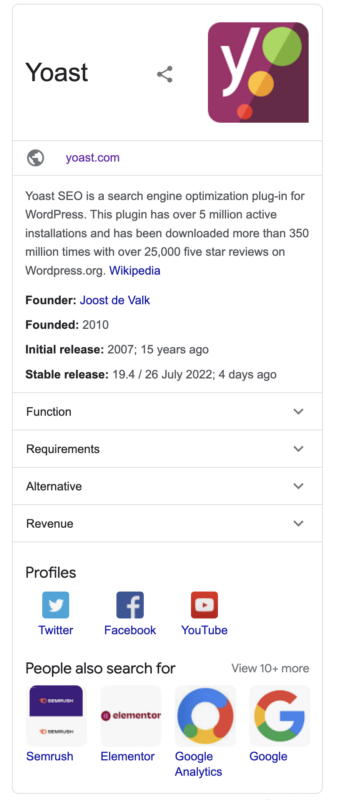 A screenshot of the Google knowledge pannel for Yoast